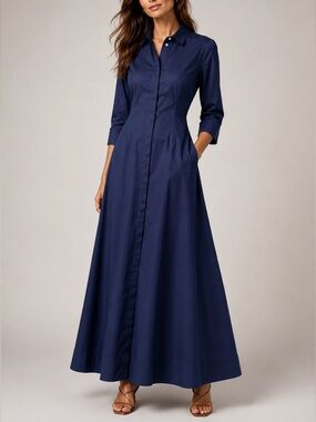 Perlavera Cotton Shirt Maxi Dress Size S Blue Navy Pockets Long-Sleeve Classy